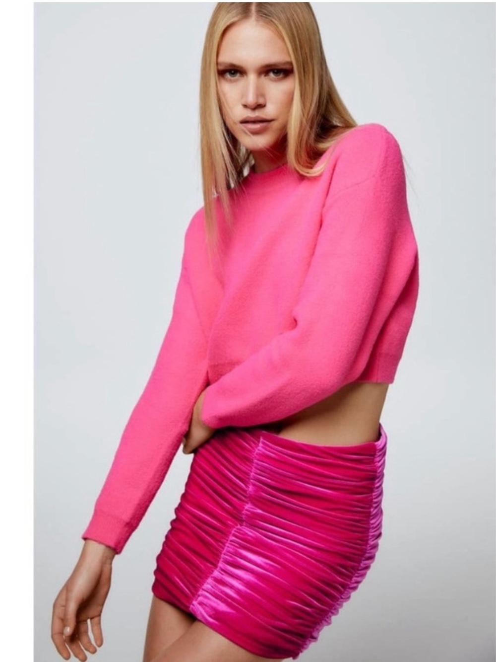 ZARA Fuchsia Pink Velvet Ruched Mini Skirt